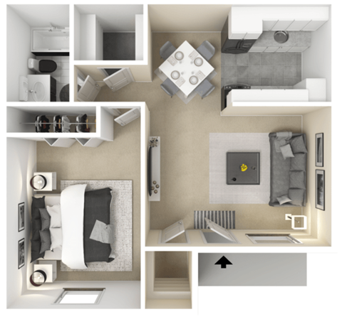 Floor plan for 1 bed, 1 bath, 647 sqft